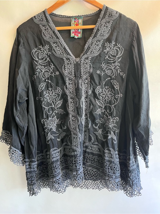 Johnny Was Tops - Johnny Was Black Embroidered Tunic Top Eyelet